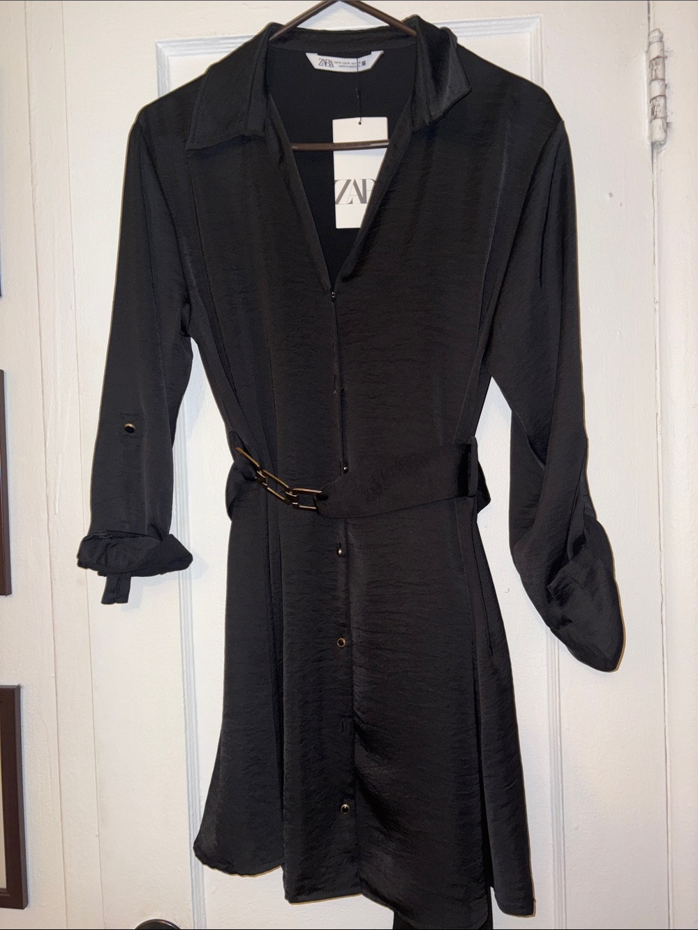 ZARA Black Long-Sleeve Belted Shirt Dress